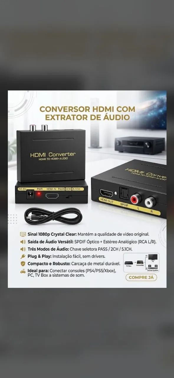 Extrator de Áudio HDMI para HDMI + SPDIF Óptico e RCA (L/R)