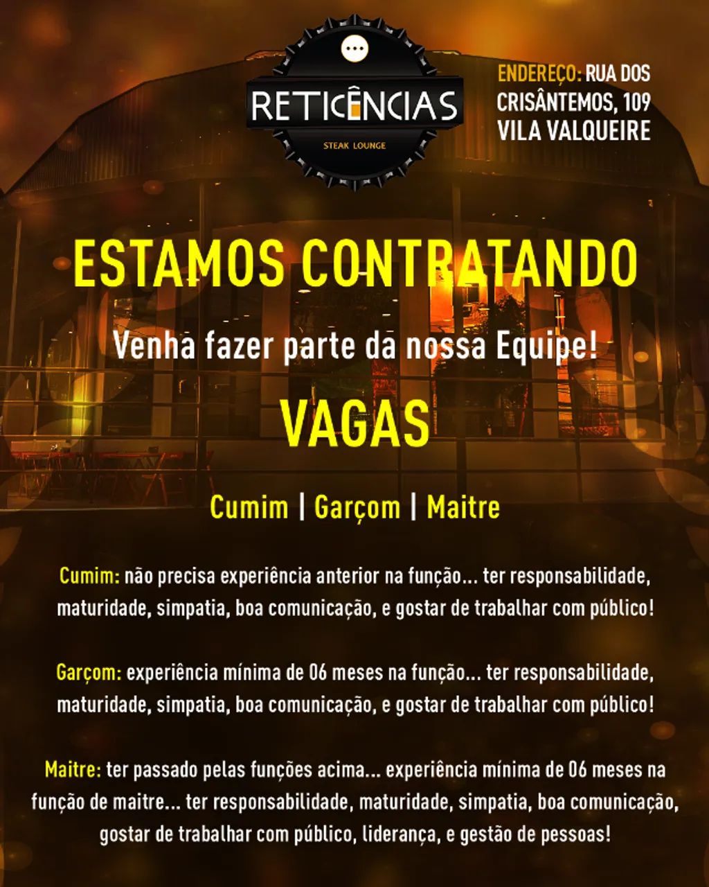 Restaurante em Vila Valqueire Contrata!