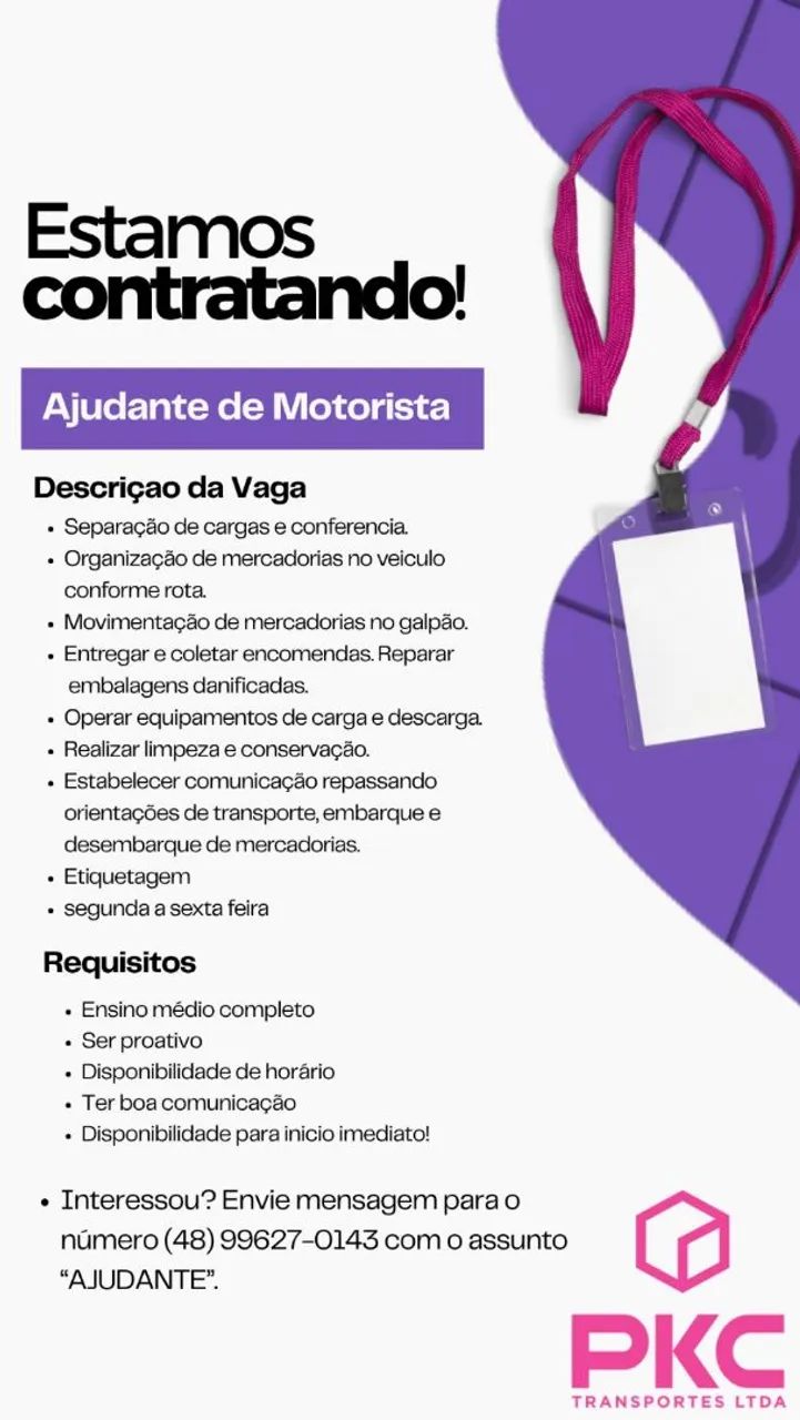 Vaga ajudante de motorista 