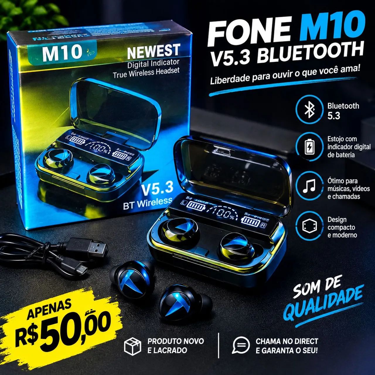 Fone bluetooth M10 V5.3