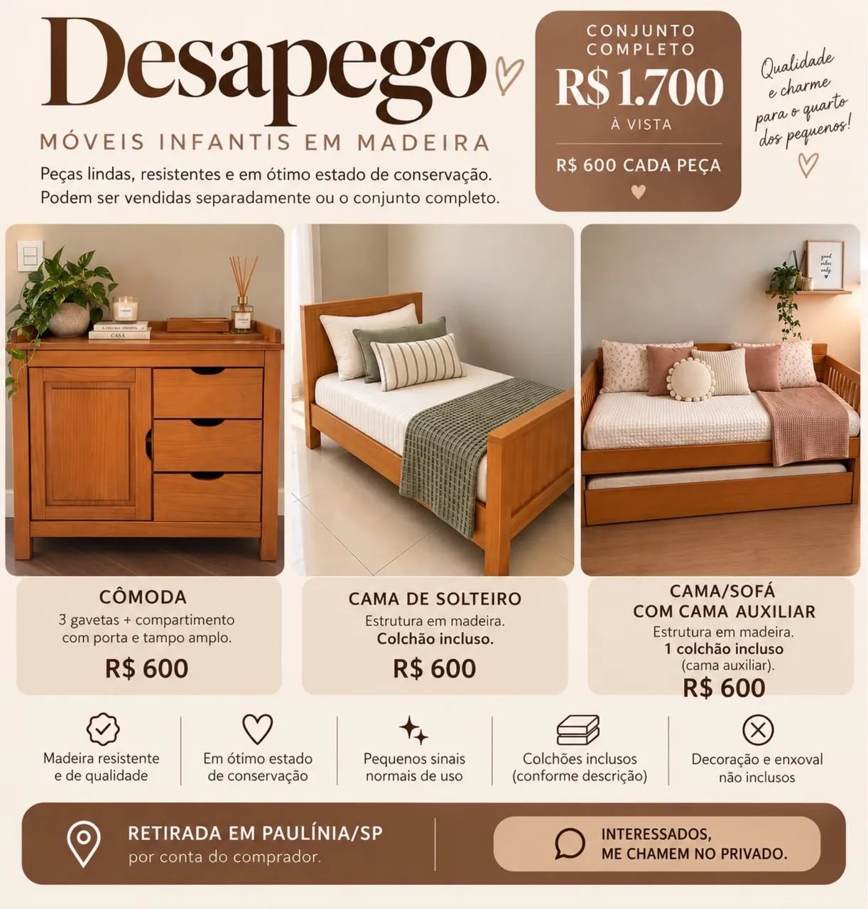 BERÇO/ CAMA - CAMA AUXILIAR + CÔMODA- LARISSA NA COR MEL