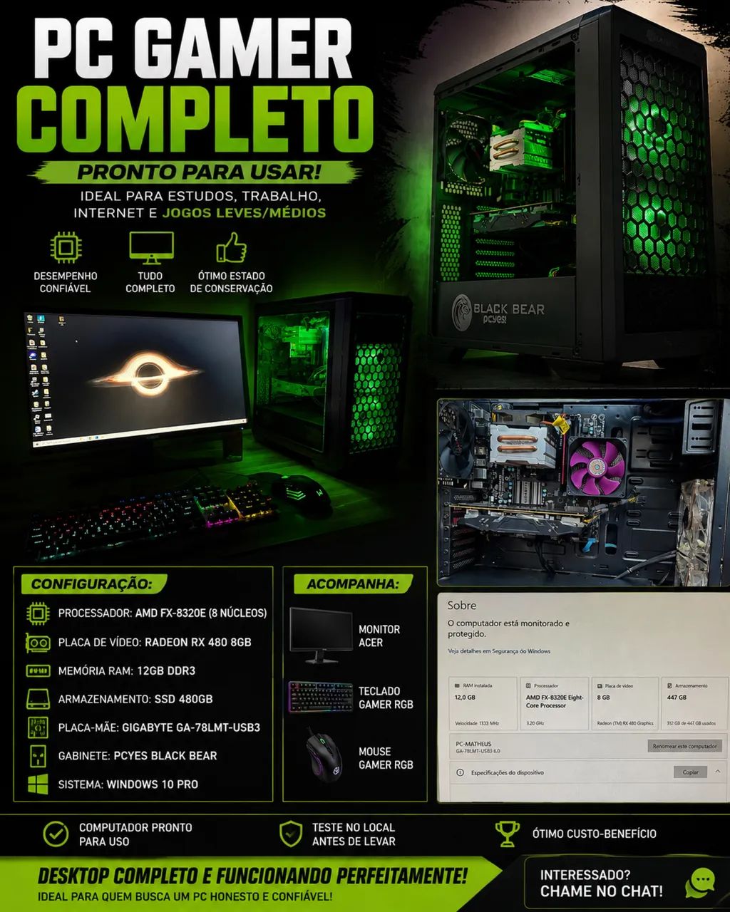 Pc Completo com Monitor, teclado e Mouse