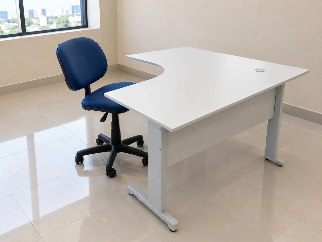 Mesa em L cinza e cadeira executiva novos