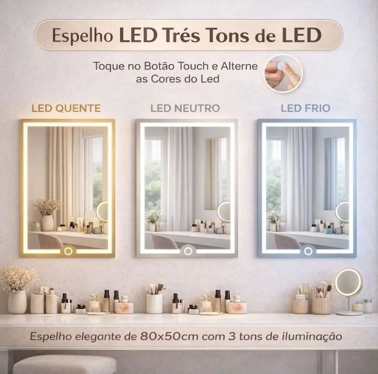 Espelho Retangular com LED 80x50 cm Touch 3 Tons de Luz - Foto 3