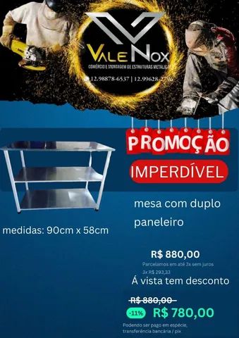 Mesa 90 cm X 58 cm de aço inox 