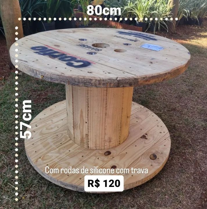 Mesa Madeira Carretel Pequena com Rodinhas