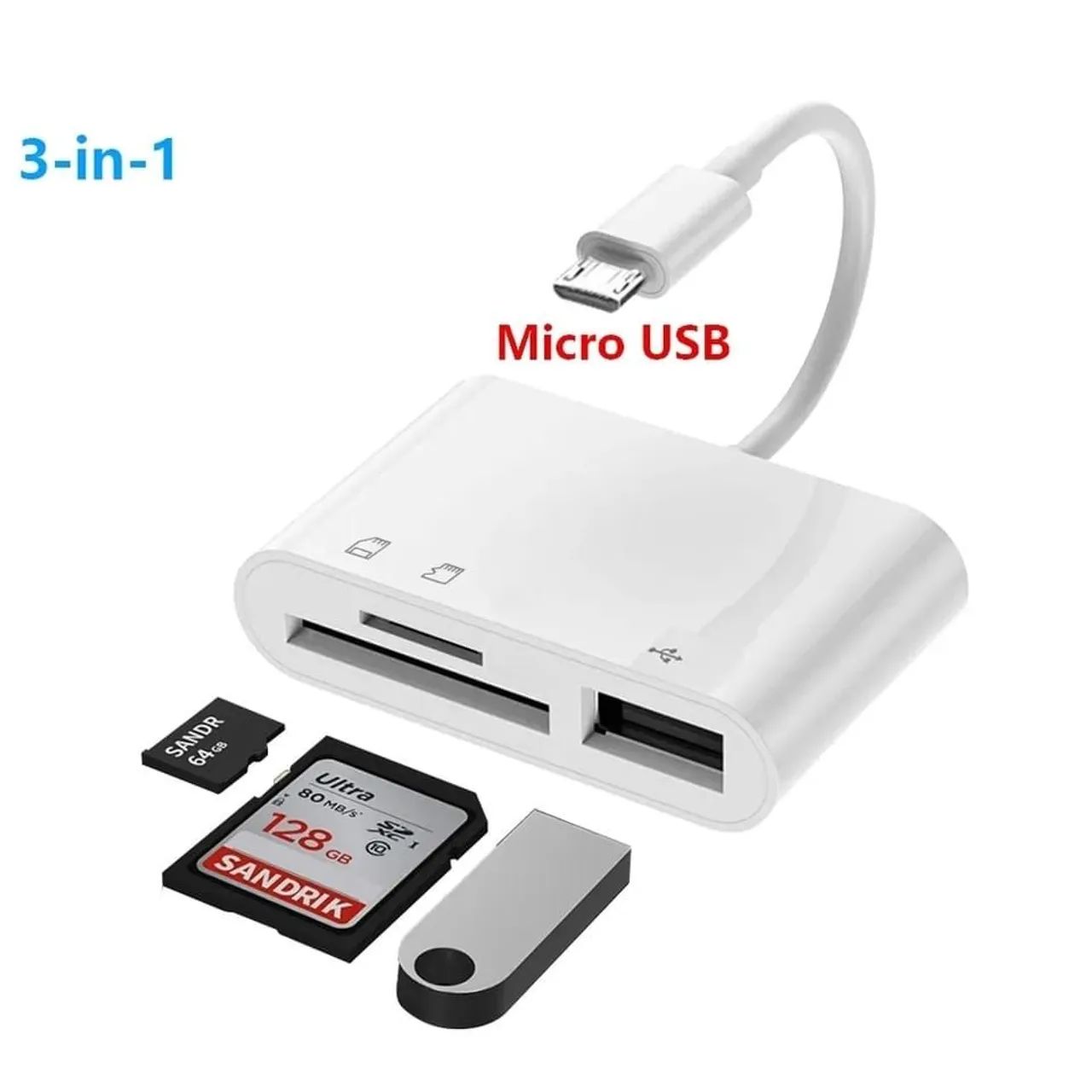 Adaptador Leitor Cartão SD + USB 3 em 1 Micro USB