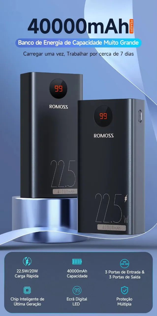 Power bank ROMOSS PEA40PF 22.5W - 40000mAh - Seminovo