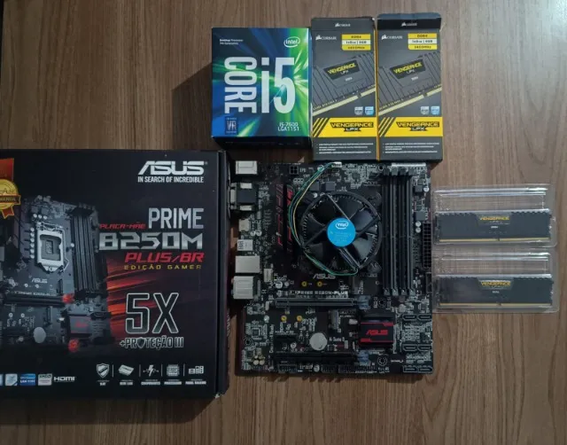 Kit Intel I5 7600, Placa-mãe Asus B250m Plus/BR, Mémoria RAM Cosair 2x8 GB 2400 MHz