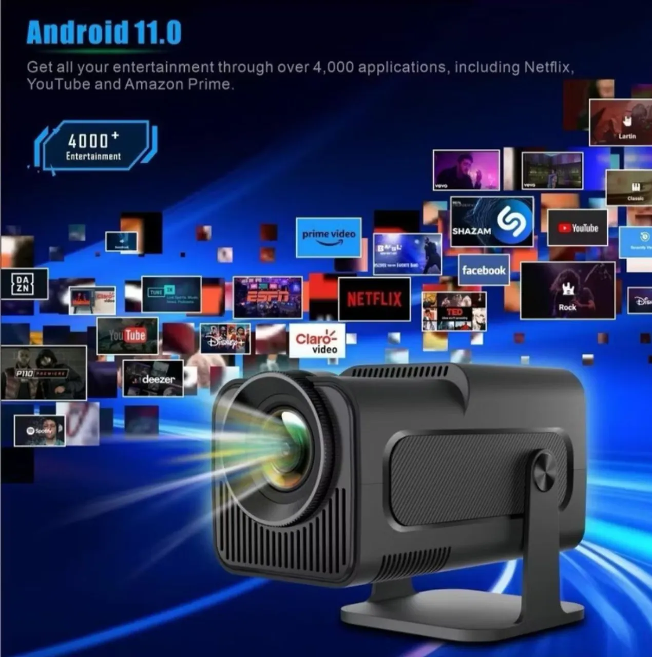 Projetor Android 11.0 com 4000+ aplicativos