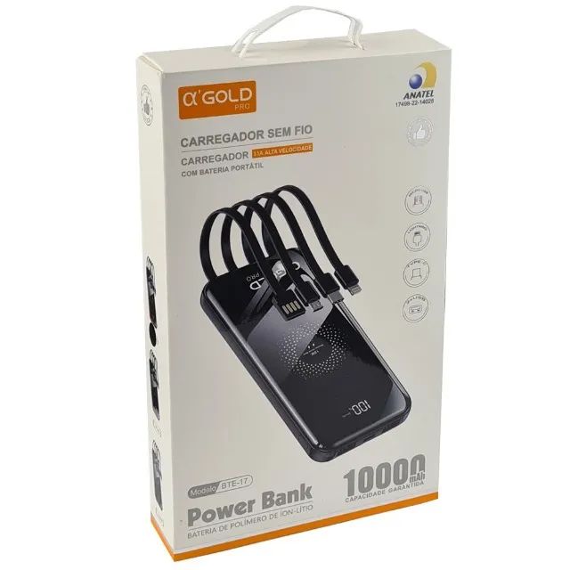 Carregador Portatil 10.000 mAh Power Bank 4 em 1 Indução e Cabos aGold BTE-17 Loja Coimbra