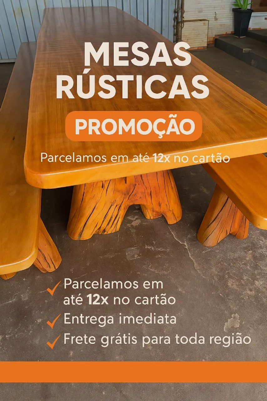 Mesas Rústicas de 3mts com dois bancos prancha inteiriça