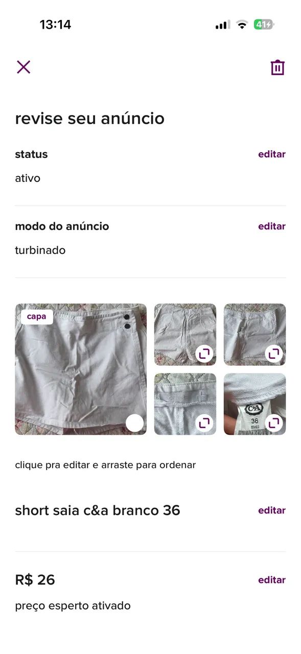 Short saia branco C&A