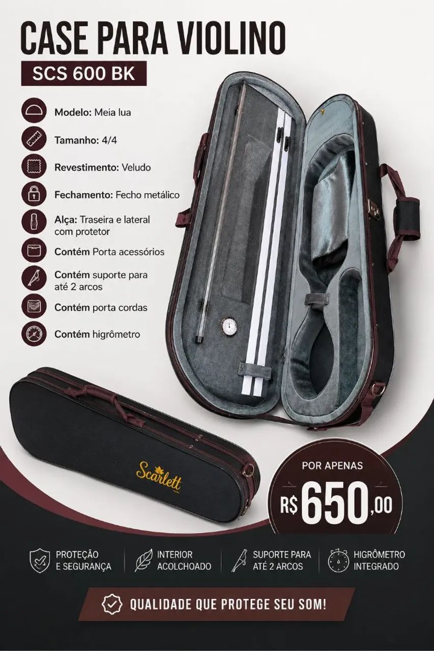 Estojo Case Mei lua retangular luxo para violino 