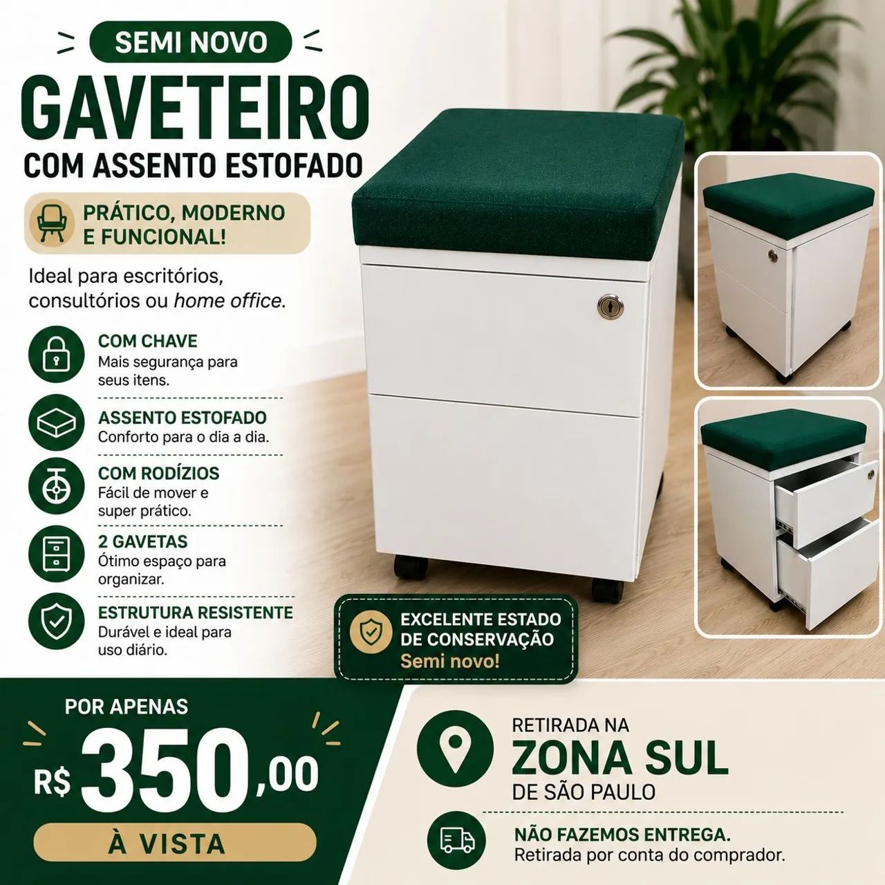 Gaveteiro com Assento Estofado - Semi Novo