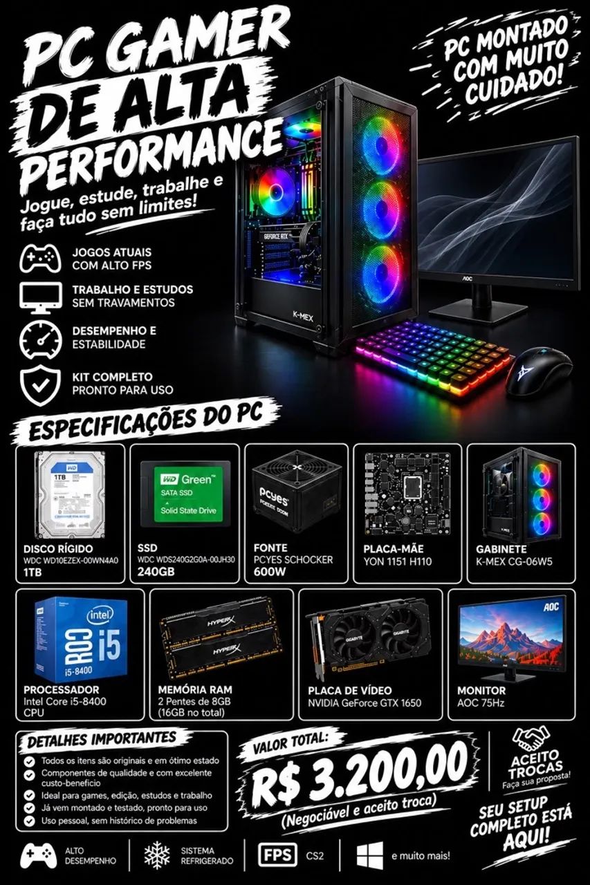 Pc gamer completo alta performance 