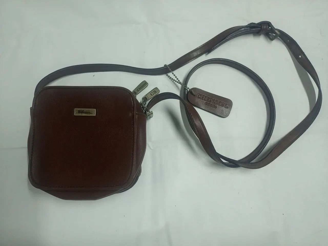 Bolsa de couro marrom, pequena e quadrada USADA