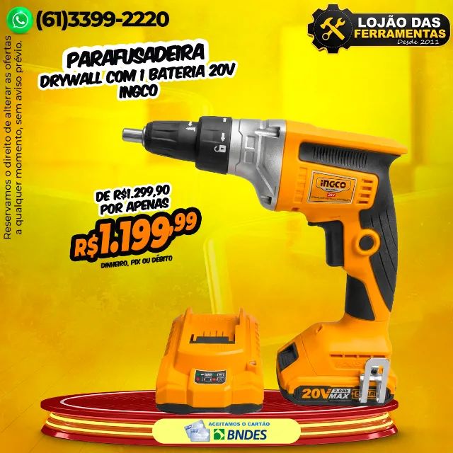 Parafusadeira Drywall Com 1 Bateria 20v Ingco