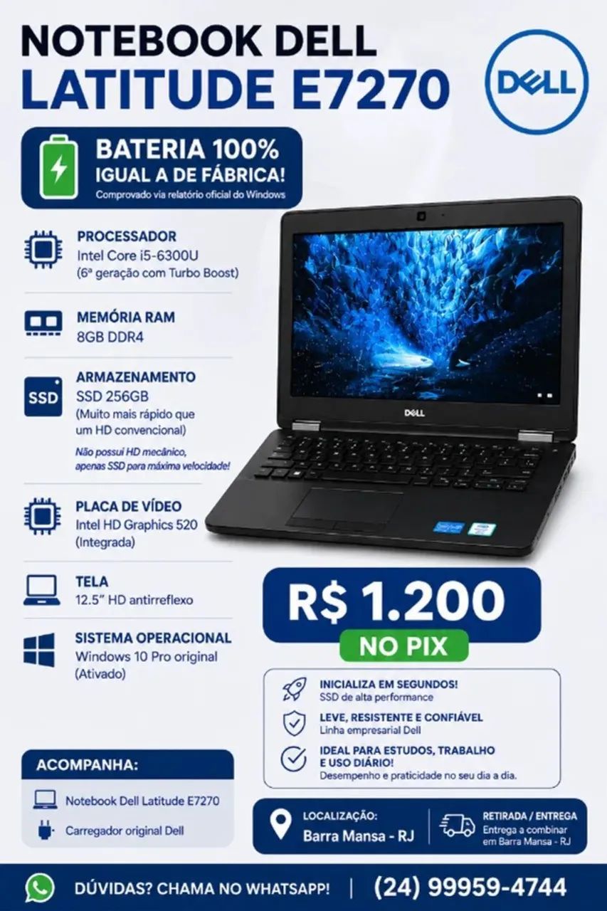 Notebook Dell Latitude E7270 | Intel i5 | SSD 256GB | 8GB RAM