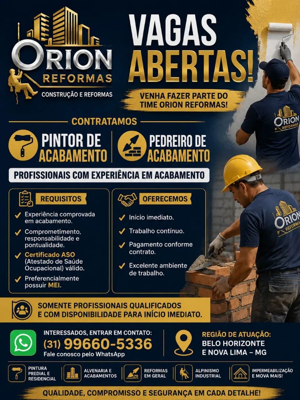 Vagas para pintor e pedreiro 