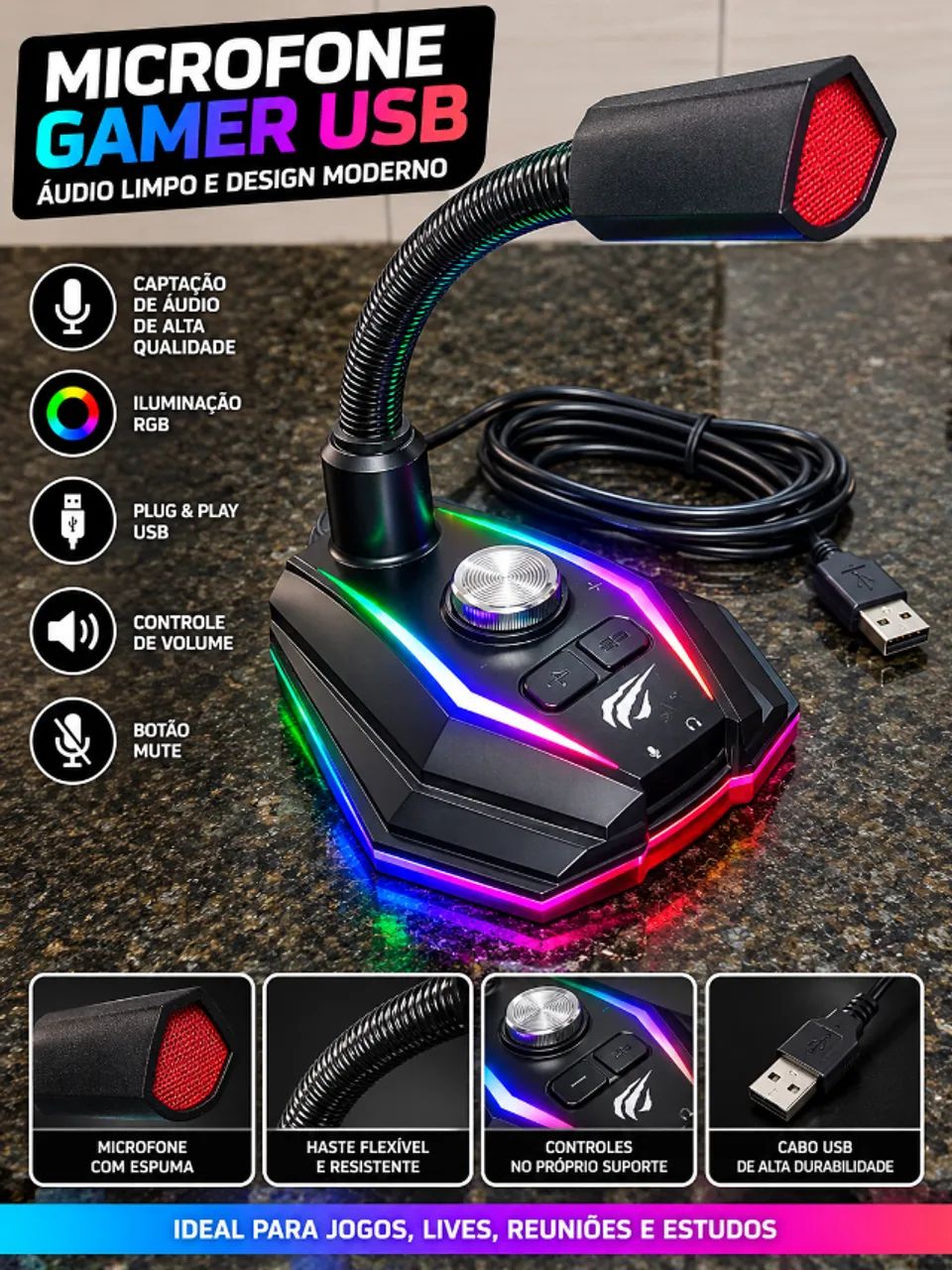 MICROFONE GAMER USB COM LED RGB! ?