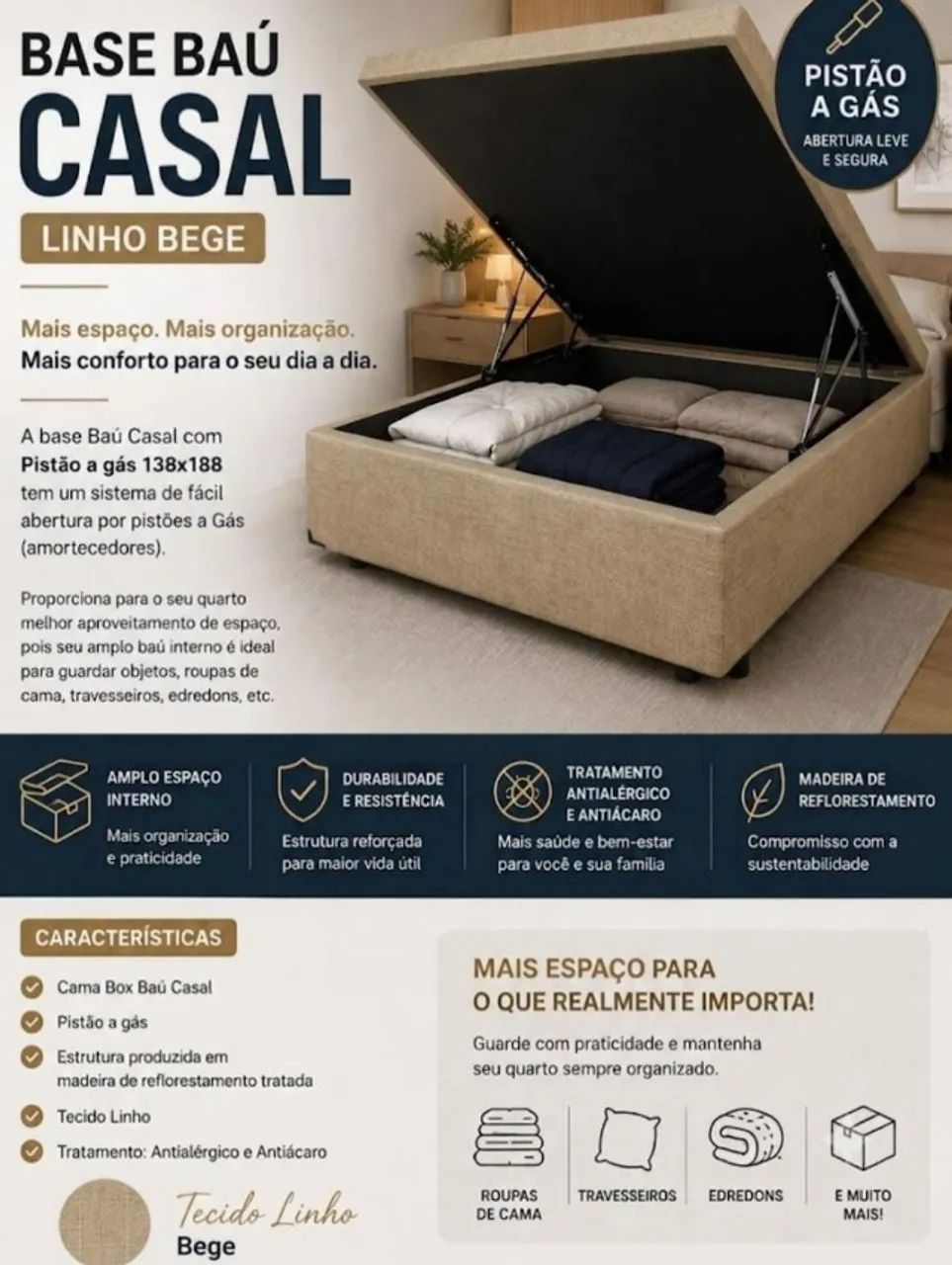 Base Baú Casal Bege Linho