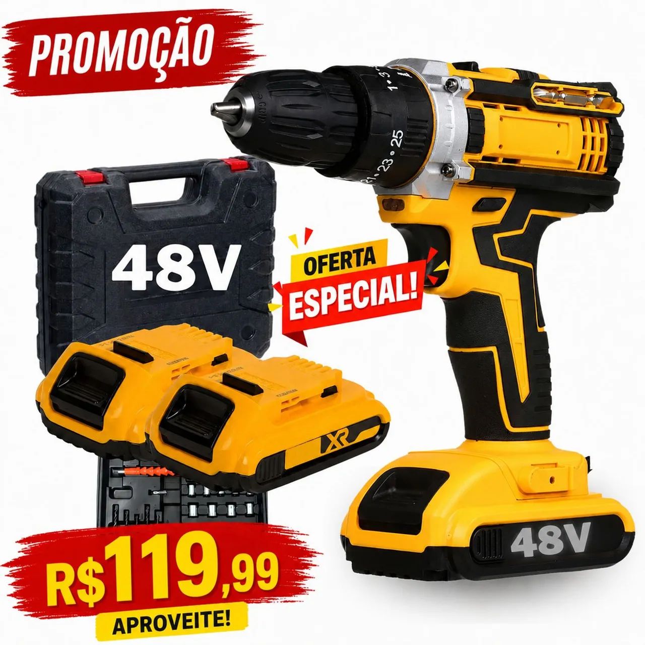 Parafusadeira Furadeira de Impacto a Bateria Recarregável Sem Fio 48V 2 Baterias Completa.