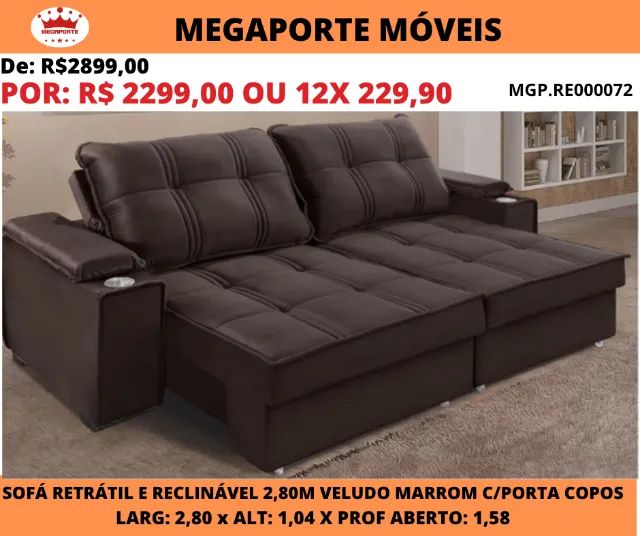 Sofá Retrátil e Reclinável 2,80 Veludo com Porta Copos - Foto 2