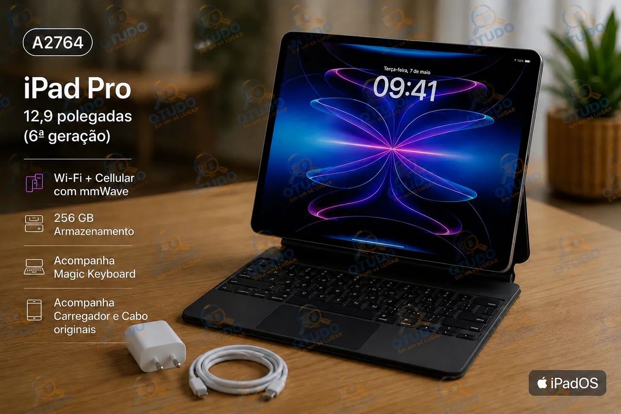 IPad Pro 12.9 Wi-Fi-celular M2 Prata 256Gb + MagicKeyboard+carreador e cabo C  Apple
