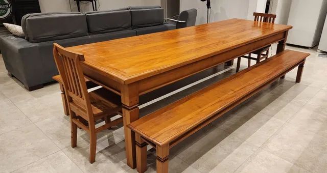 Mesa 3,00 mts X 1,00 m com 02 bancos e 02 cadeiras tudo em madeira maciça Peroba rosa - Foto 3