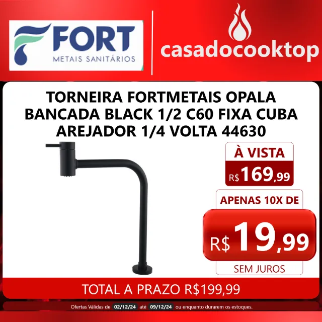 TORNEIRA FORTMETAIS OPALA BANCADA BLACK 1/2 C60 FIXA CUBA AREJADOR 1/4 VOLTA 44630