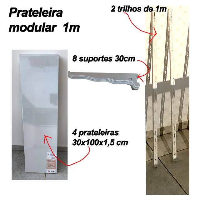 Estante de parede modular 2 trilhos de 1m, 8 suportes 30cm e 4 prateleiras