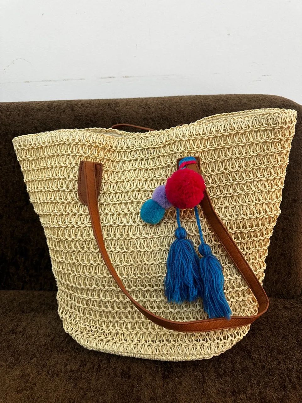 Bolsa de Praia de Palha com Pompom