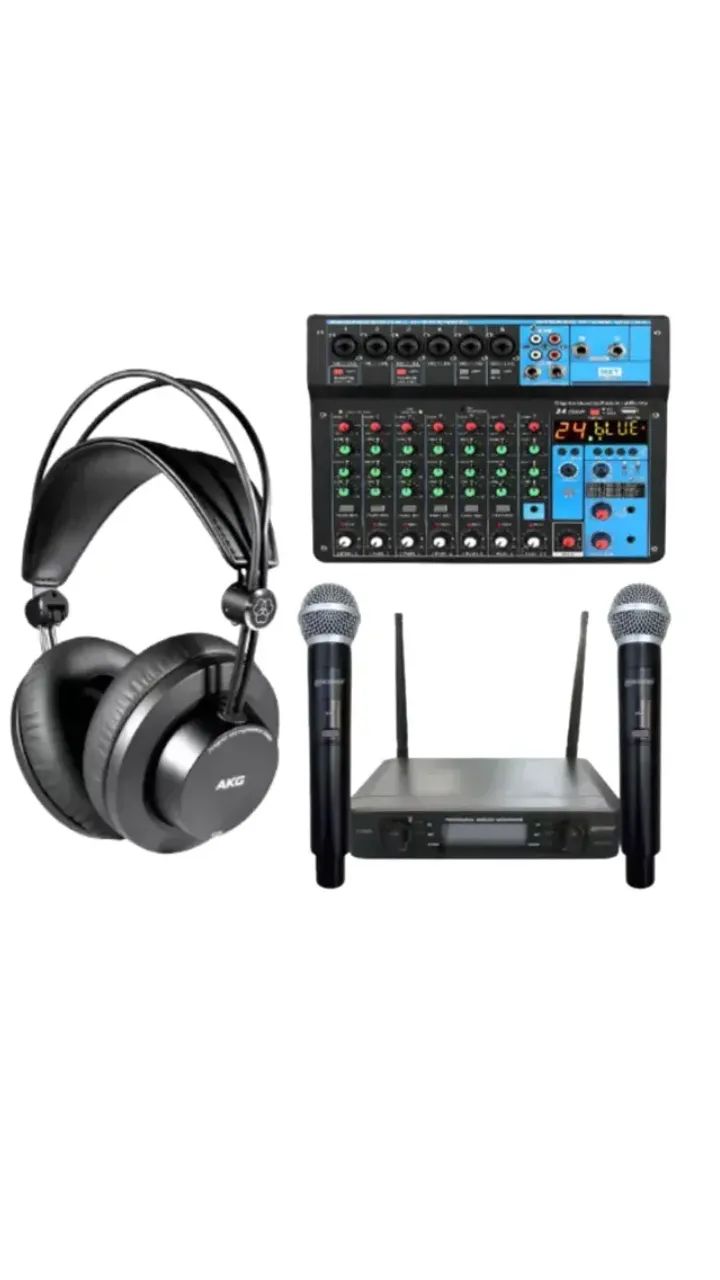 MICROFONE DINÂMICO SEM FIO DUPLO LEXSEN LM502M + Mesa De Som + Fone AKG