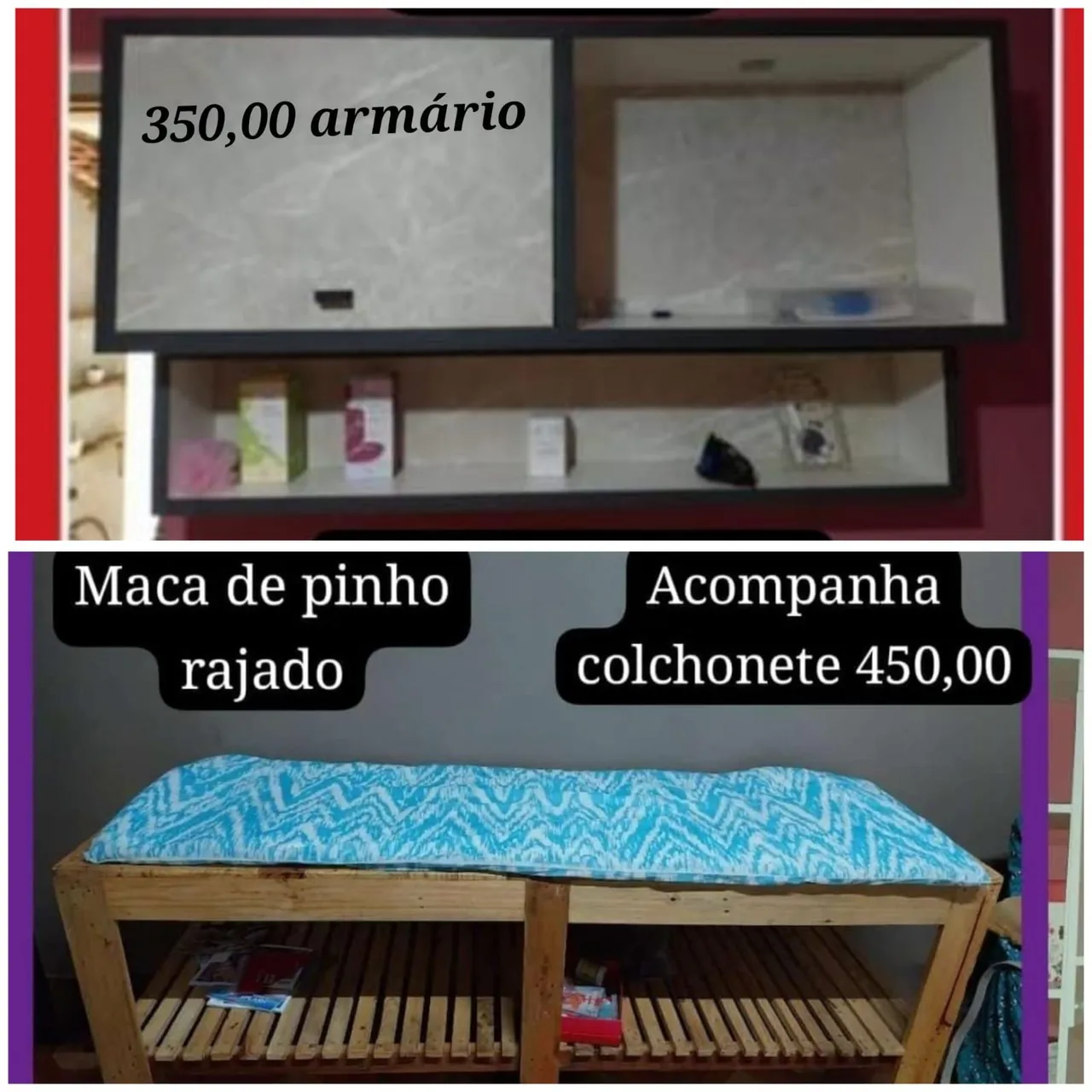 Armário e maca de pinho para estética