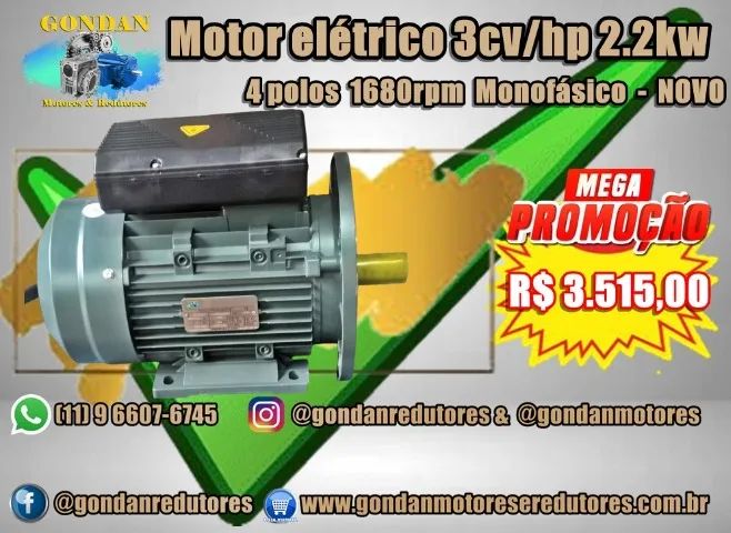 Motor elétrico 3cv/hp 2.2kw 4 polos 1680rpm Monofásico 220v com base de fixação e Fange FF - Foto 4
