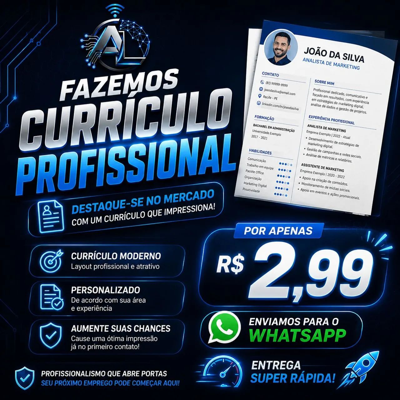 Fazemos seu currículo profissional e enviamos pelo whatsapp agora mesmo! 