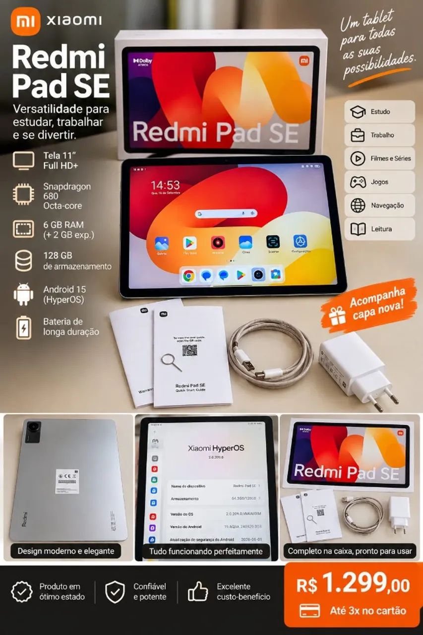 Xiaomi Redmi Pad SE 128GB 6GB RAM + Capa Nova + Completo