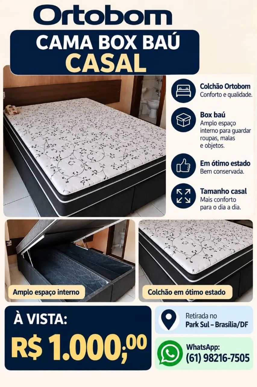 CAMA CASAL BOX BAÚ COM COLCHÃO 