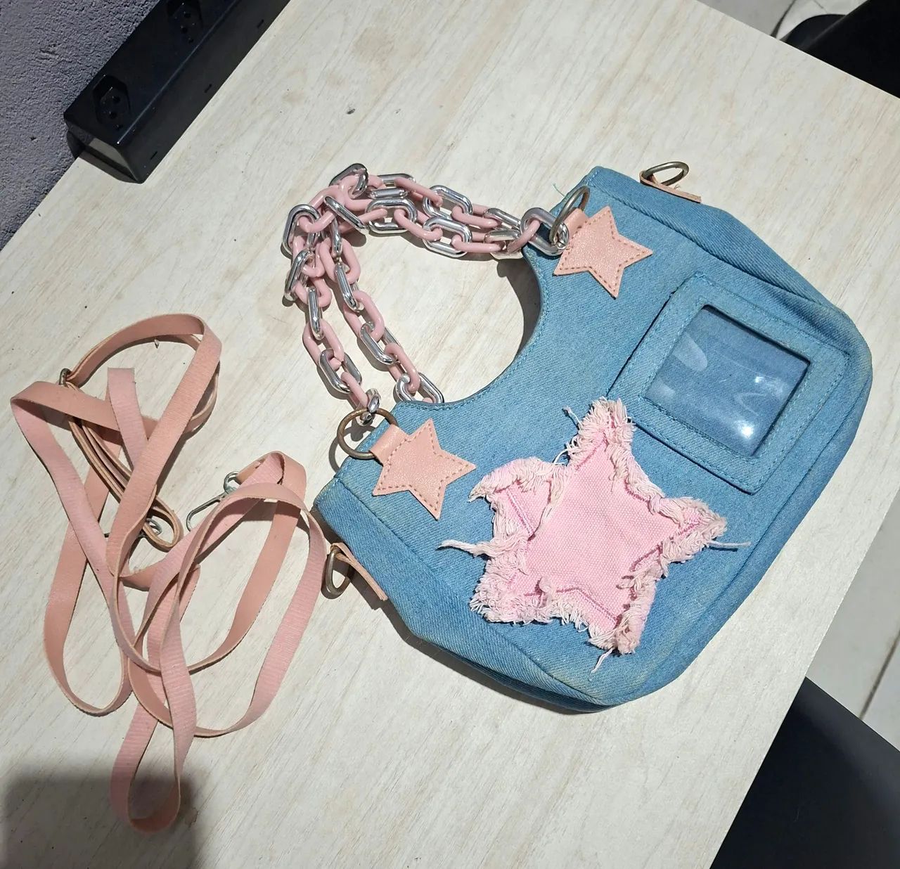 Bolsa Jeans Vintage Azul e Rosa - Foto 3