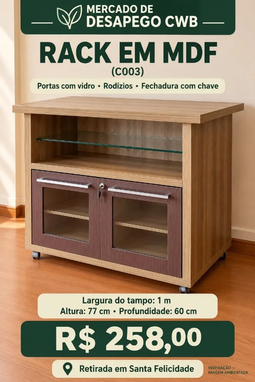 RACK EM MDF COM PORTAS DE VIDRO E RODÍZIOS (C003)