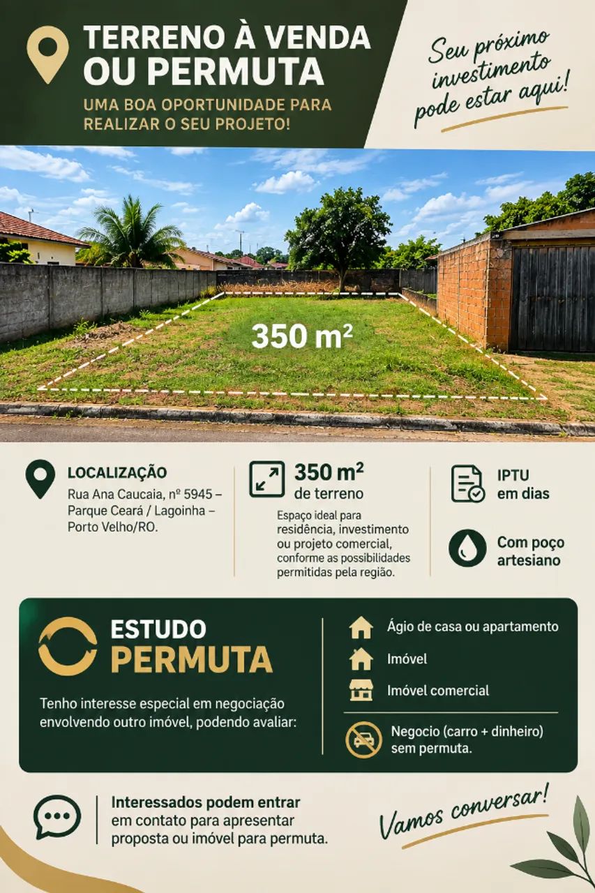 ? TERRENO 350 m² NO PARQUE CEARÁ / LAGOINHA - PORTO VELHO/RO