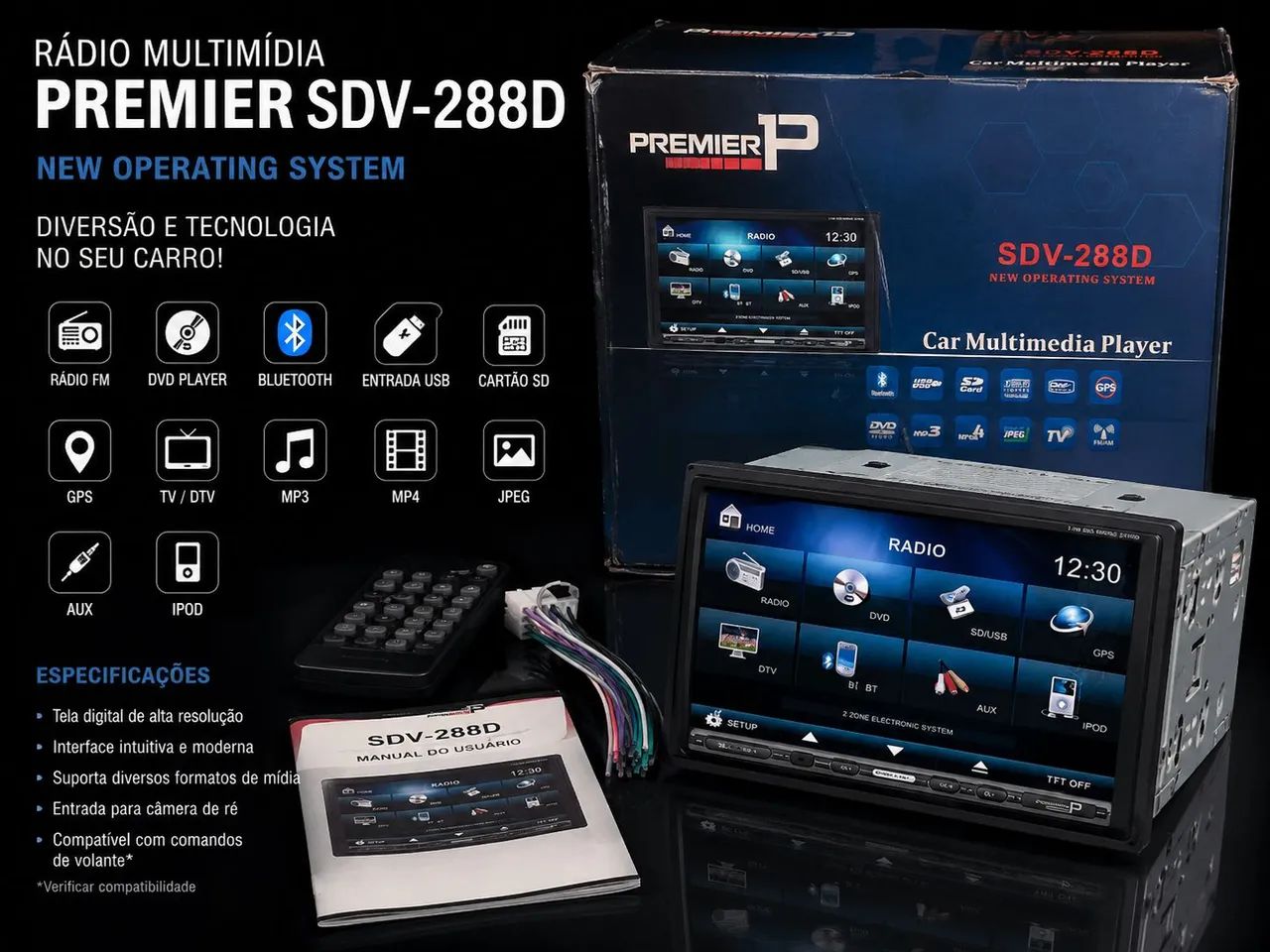 Rádio Central Multimídia Automotivo Premier SDV-288D DVD GPS Bluetooth USB SD TV