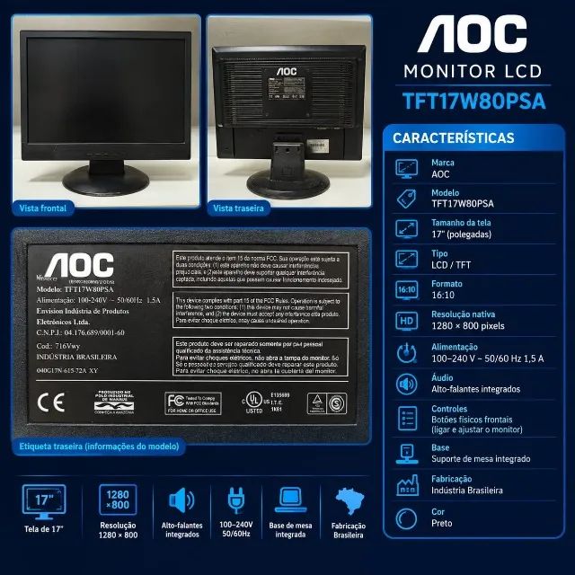 Monitor AOC TFT17W80PSA 17 Polegadas VGA DVI com Som