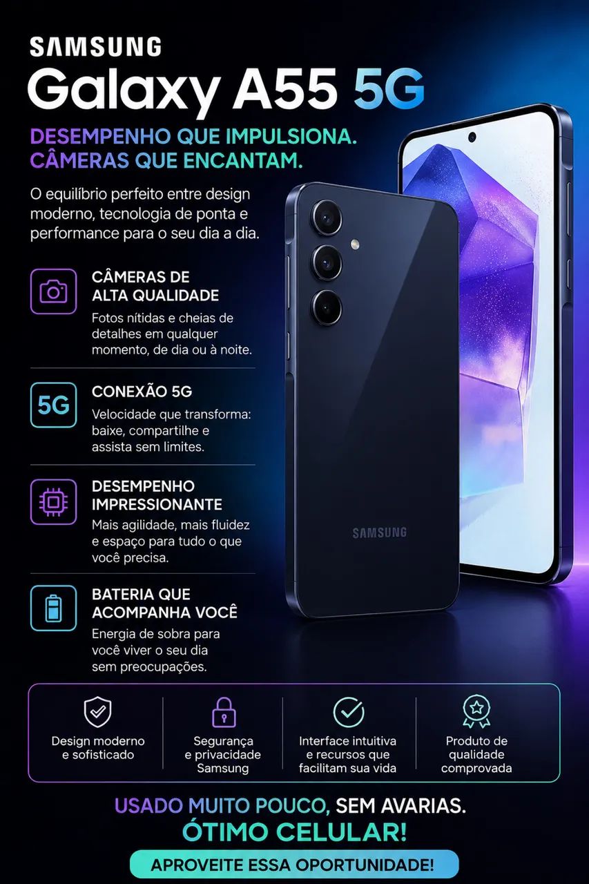 Celular Galaxy A55 5 G! TOP! 8GB de RAM - Roda tudo!
