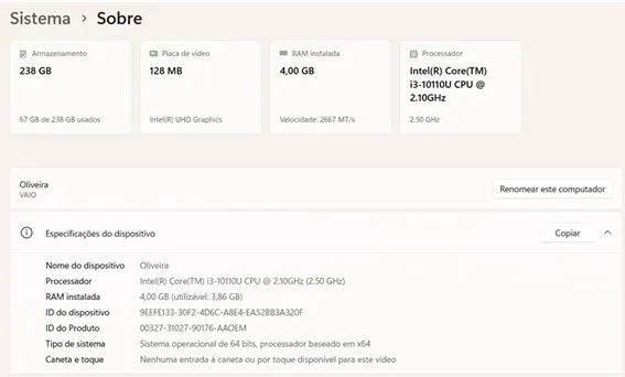 Note Vaio 15' 256GB SSD 4GB RAM
