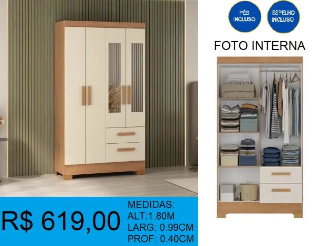 Roupeiro- com espelho - compre hoje e receba em até 72 horas 