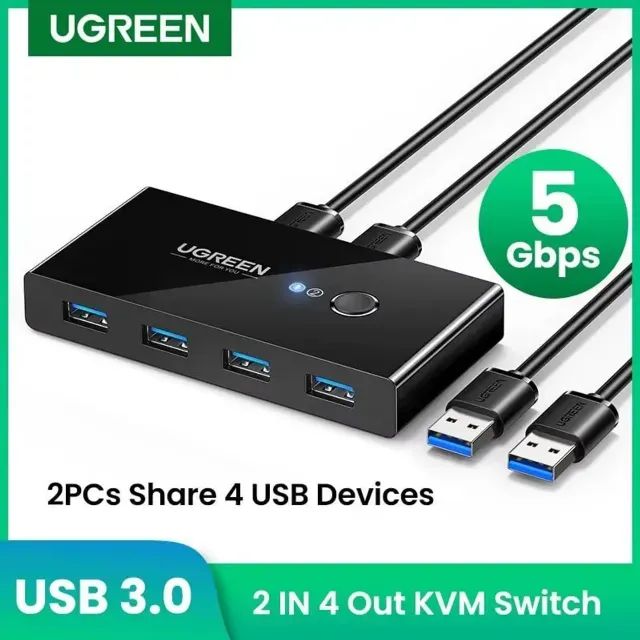 UGREEN KVM Switch USB 3.0 2.0 para PC Teclado Mouse Impressora 2 PCs 4 Dispositivos