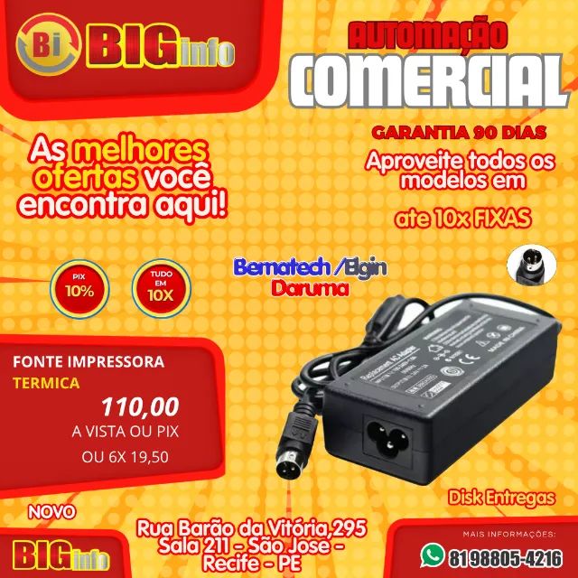 Fonte de Alimentação Impressora Térmica Elgin 24v 3a
