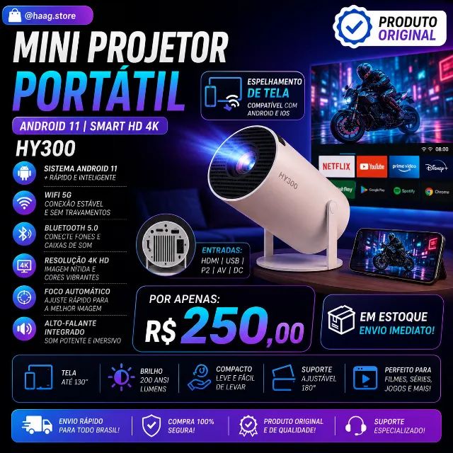PROMOÇÃO Mini Projetor Portátil HY300 Android 11 Wifi Bluetooth Smart HD 4K/O ORIGINAL